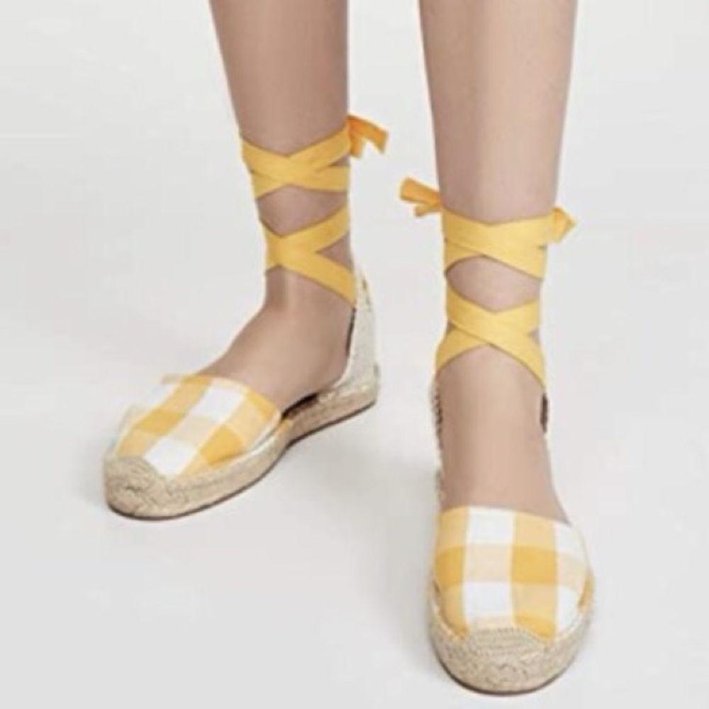 Soludos x Madewell Lauren Espadrilles Size 9 Plaid Marigold Ankle Wrap Ties EUC